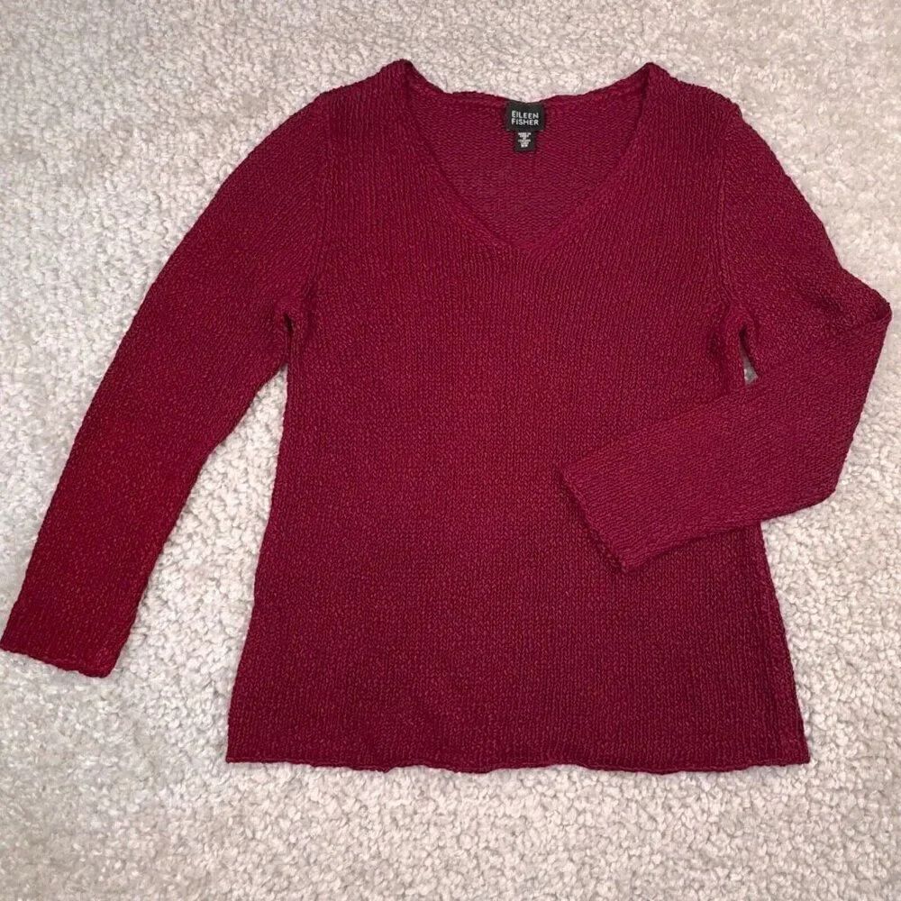 Eileen Fisher Italian Yarn Linen Blend V-Neck Sweater Cranberry Red